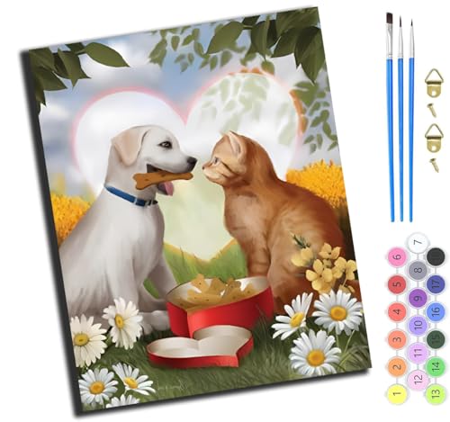 XIAOYOUQIAN Tiere Hund Katze,Malen Nach Zahlen Erwachsene,Diy Handgemalt Ölgemälde Kit,Paint By Numbers Adult Mit 3,Pinseln Und Acrylfarbe Leinwand Kit,40X50 Cm,Mit Rahmen von XIAOYOUQIAN