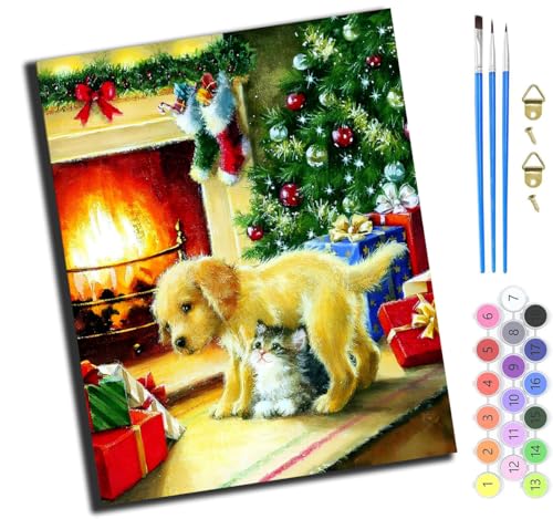 XIAOYOUQIAN Tiere Hunde Und Katzen,Malen Nach Zahlen Erwachsene Kinder,Mädchen Und Junge,Farbiges Leinwand Acrylfarben Diy Ölgemälde Set Zur Heimdekoration,40X50Cm,Mit Rahmen von XIAOYOUQIAN