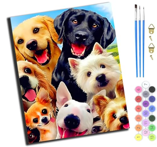 XIAOYOUQIAN Tierische Hundefamilie,Art Malen Nach Zahlen Erwachsene,Diy Handgemalt Ölgemälde Leinwand Set Für Home Haus Deko,(40X50Cm),Mit Rahmen von XIAOYOUQIAN