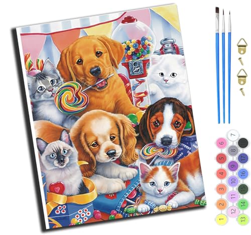 XIAOYOUQIAN Tierische Hundefamilie,Malen Nach Zahlen Erwachsene,Diy Mit Pinseln Und Acrylfarben Handgemalt Ölgemälde Leinwand Für Home Decor,(40X50Cm),Mit Rahmen von XIAOYOUQIAN