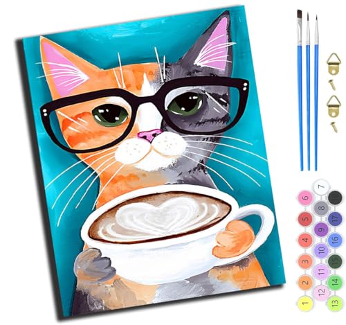 XIAOYOUQIAN Tierkatze Trinkt Kaffee,Malen Nach Zahlen Erwachsene,Diy Ölgemälde Leinwand Set Mit 3 Pinsel Und Acrylpigment Für Geburtstag Deko Geschenk,40X50 Cm,Mit Rahmen von XIAOYOUQIAN