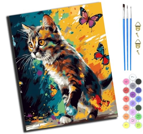 XIAOYOUQIAN Tierkatze Und Schmetterling,Malen Nach Zahlen Erwachsene,Diy Handgemalt Ölgemälde Kit,Groß Diy Ölgemälde Kit Für Anfänger,Knitterfreie Leinwand,40X50Cm，Mit Rahmen von XIAOYOUQIAN