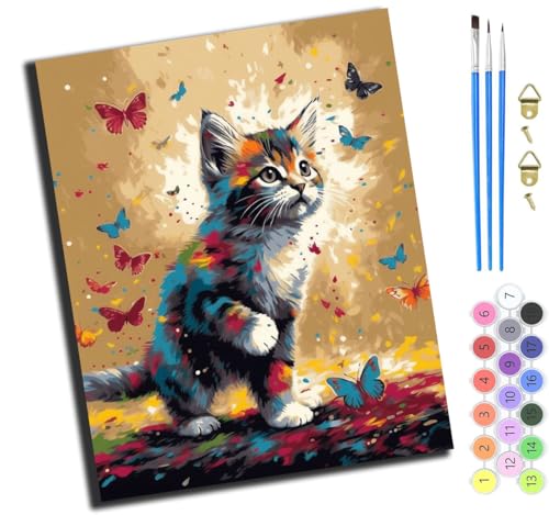 XIAOYOUQIAN Tierkatze Und Schmetterling,Malen Nach Zahlen Erwachsene,Paint By Numbers,Diy Handgemalt Ölgemälde Mit 3,Pinseln Und Acrylfarbe Knitterfreie Leinwand Kit,40X50 Cm,Mit Rahmen von XIAOYOUQIAN