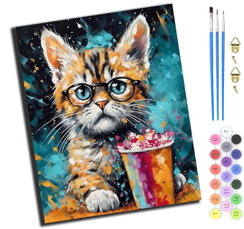 XIAOYOUQIAN Tierkatzen-Popcorn,Art Malen Nach Zahlen Erwachsene,Diy Handgemalt Ölgemälde Leinwand Set Für Home Haus Deko,(40X50Cm),Mit Rahmen von XIAOYOUQIAN