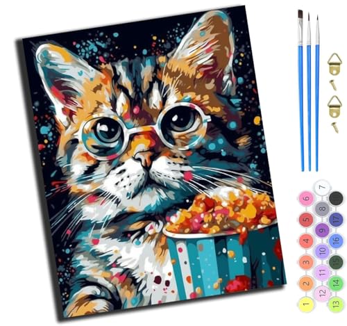 XIAOYOUQIAN Tierkatzen-Popcorn,Malen Nach Zahlen,Diy Handgemalt Ölgemälde,3 Pinseln Und Vorgedruckt Leinwand，Ölgemälde,Festival Geschenk Home Deko，40X50Cm,Mit Rahmen von XIAOYOUQIAN