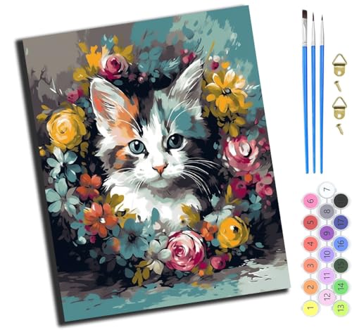XIAOYOUQIAN Tierkatzenkranz,Diy Ölgemälde Malen Nach Zahlen Erwachsene Kinder,40X50Cm Handgemalte Geschenke Zahlenmalerei Ab 5 Öl Wandkunst Haus Dekoration Malen，Mit Rahmen von XIAOYOUQIAN