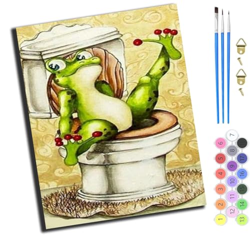 XIAOYOUQIAN Toilettenfrosch,Art Malen Nach Zahlen Erwachsene,Diy Handgemalt Ölgemälde Leinwand Set Für Home Haus Deko,(40X50Cm),Mit Rahmen von XIAOYOUQIAN