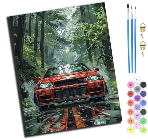 XIAOYOUQIAN Wald Rotes Auto Sportwagen,Malen Nach Zahlen Erwachsene,Diy Mit Pinseln Und Acrylfarben Handgemalt Ölgemälde Leinwand Für Home Decor,(40X50Cm),Ohne Rahmen von XIAOYOUQIAN