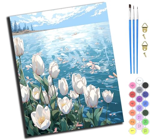 XIAOYOUQIAN Weiße Tulpen Am Meer,Malen Nach Zahlen Erwachsene,40X50Cm,Be Creative Heimdekoration Anfänger Mit Pinsel Und Acrylfarben Ölgemälde Für Home Decor,Ohne Rahmen von XIAOYOUQIAN