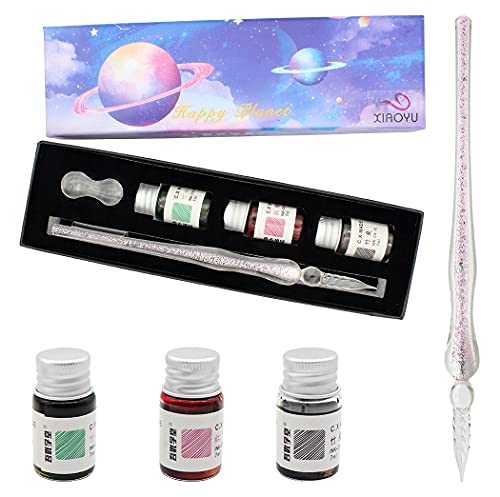 XIAOYU Glas-Kugelschreiber Happy Planet Kit Sternenhimmel bunte Tinte Kristall Kalligraphie-Stift-Set mit Tinte (7 ml) – Pink von XIAOYU