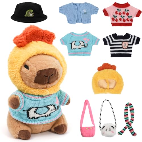 XIAPIA Capybara Plüschtier 25 cm, Cabybara Kuscheltier mit Kleidung Set, Wasserschwein Puppe Zubehör Outfits Süß Spielzeug, Geschenk für Mädchen Junge Kinder Geburtstag Weihnachten von XIAPIA