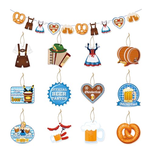 Oktoberfest Deko Set – 1 Banner & 12 Anhänger, Bayerische Deko Blau Weiß für Oktoberfest Party, Bayrische Hängedeko mit traditionellen Motiven, Perfekt für Wiesn & Bayern Mottofeste von XIAZHDZ
