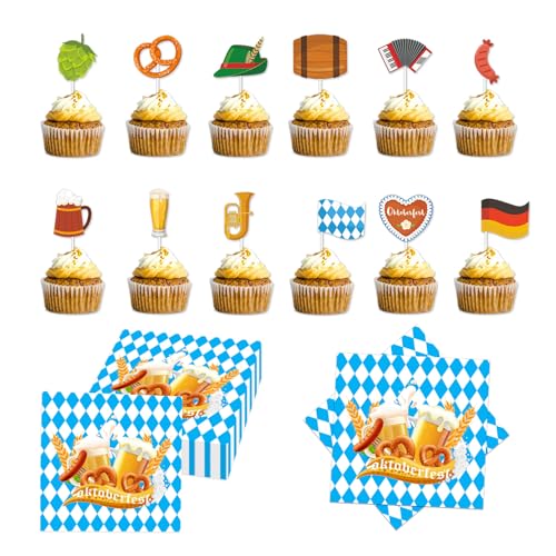 Oktoberfest Deko Set – 12 Cupcake Topper & 20 Servietten, Bayerische Deko Blau Weiß für Oktoberfest Party, Bayrische Tischdeko für Wiesn & Bayern Mottoparty von XIAZHDZ