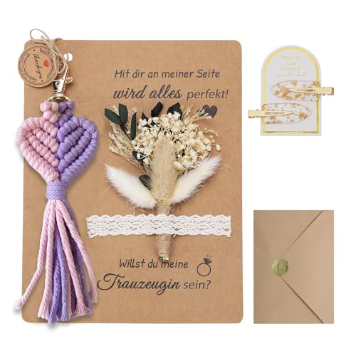 Trauzeugin Fragen Geschenk Set – "Willst du meine Trauzeugin sein?" Karte mit Trockenblumenstrauß, Schlüsselanhänger Makramee und Haarnadel – Personalisiertes Brautjungfer Fragen (Rosa & Lila) von XIAZHDZ