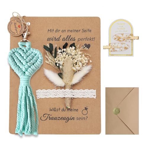 XIAZHDZ Trauzeugin Fragen Geschenk Set – Willst du meine Trauzeugin sein? Karte mit Trockenblumenstrauß, Schlüsselanhänger Makramee und Haarnadel – Personalisiertes Brautjungfer Fragen (Blau) von XIAZHDZ