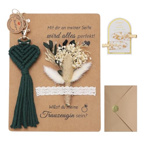 XIAZHDZ Trauzeugin Fragen Geschenk Set – Willst du meine Trauzeugin sein? Karte mit Trockenblumenstrauß, Schlüsselanhänger Makramee und Haarnadel – Personalisiertes Brautjungfer Fragen (Grün) von XIAZHDZ