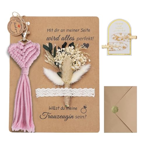 XIAZHDZ Trauzeugin Fragen Geschenk Set – Willst du meine Trauzeugin sein? Karte mit Trockenblumenstrauß, Schlüsselanhänger Makramee und Haarnadel – Personalisiertes Brautjungfer Fragen (Rosa) von XIAZHDZ