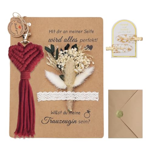 XIAZHDZ Trauzeugin Fragen Geschenk Set – Willst du meine Trauzeugin sein? Karte mit Trockenblumenstrauß, Schlüsselanhänger Makramee und Haarnadel – Personalisiertes Brautjungfer Fragen (Rot) von XIAZHDZ