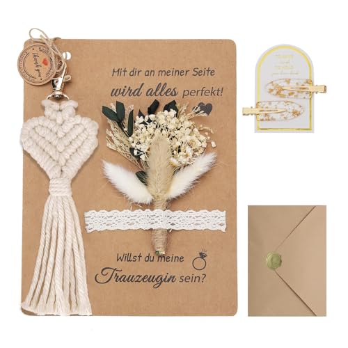 XIAZHDZ Trauzeugin Fragen Geschenk Set – Willst du meine Trauzeugin sein? Karte mit Trockenblumenstrauß, Schlüsselanhänger Makramee und Haarnadel – Personalisiertes Brautjungfer Fragen (Weiß) von XIAZHDZ