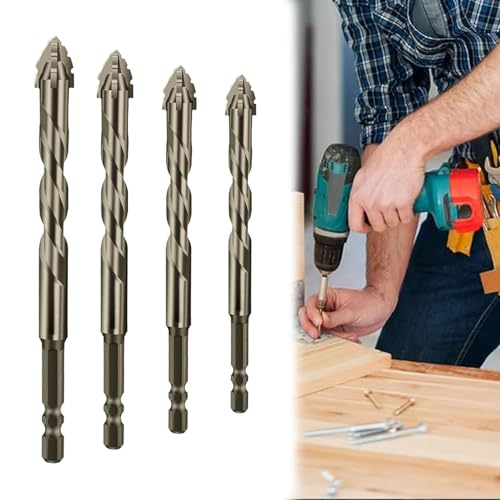XIBHDN New Four-Flute Sawtooth Eccentric Drill Bit, Four Blade Serrated Eccentric Drill, Masonry Concrete Drill Bits Set for Tile Brick Glass Plastic Wood (6 * 8 * 10 * 12) von XIBHDN