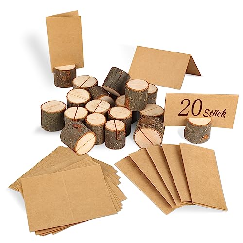 20 Stück Tischkartenhalter Holz + 25 Stück Karte aus Kraftpapier, Kartenhalter Holz, Platzkartenhalter Memohalter Holz, Fotohalter Tischkartenhalter Rustikale, Holz Kartenhalter für Hochzeit Deko von XIEJ