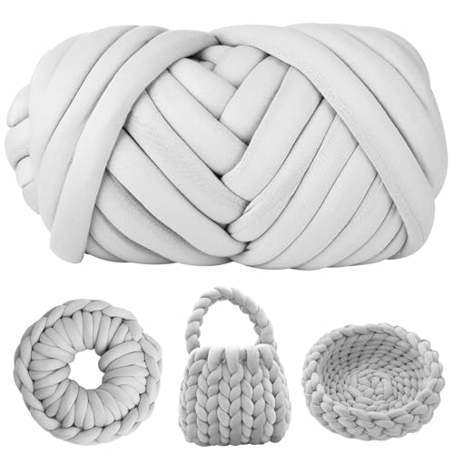 Armstricken Wolle 500g, 21m x 2,5cm Dicke Wolle Garn, Polyester XXL Chunky Yarn, Sperrige Textilgarn zum Häkeln für Körbe, Decke, Tasche und Kissen (Hellgrau) von XIEJ