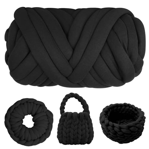 Armstricken Wolle 500g, 21m x 2,5cm Dicke Wolle Garn, Polyester XXL Chunky Yarn, Sperrige Textilgarn zum Häkeln für Körbe, Decke, Tasche und Kissen (Schwarz) von XIEJ