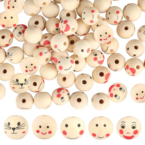 XIEJ 120 Stück Holzperlen mit Gesicht 20mm, SorgenwüRmchen Zubehör, Holzköpfe füe Glückswürmchen, Gesicht Holzkugeln mit Loch für DIY Armband Halskette Schmuck, Loch: 5 mm (5 Stile) von XIEJ