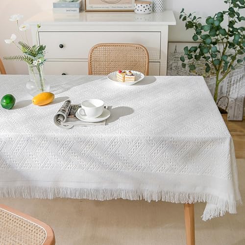 XIEMINLE Fleckenabweisende Polyester-Baumwoll-Tischdecke, rechteckig, rund, staubdicht, Tischdecke für Hochzeit, Party, Zuhause, Tischdekoration, Tischdecke mit Quasten-Design (180 x 90 cm, Weiß) von XIEMINLE