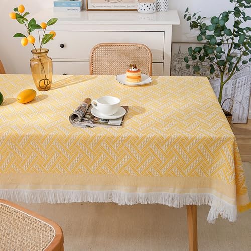 XIEMINLE Fleckenabweisende Polyester-Baumwoll-Tischdecke, rechteckig, rund, staubdicht, Tischdecke für Hochzeit, Party, Zuhause, Tischdekoration, Tischdecke mit Quasten-Design (210 x 90 cm, Gelb) von XIEMINLE