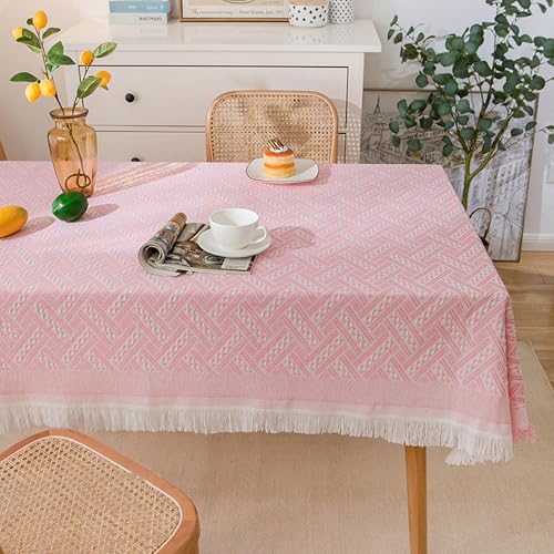 XIEMINLE Fleckenabweisende Polyester-Baumwoll-Tischdecke, rechteckig, rund, staubdicht, Tischdecke für Hochzeit, Party, Zuhause, Tischdekoration, Tischdecke mit Quasten-Design (210 x 90 cm, Rosa) von XIEMINLE