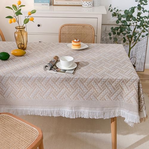 XIEMINLE Fleckenabweisende Polyester-Baumwoll-Tischdecke, rechteckig, rund, staubdicht, Tischdecke für Hochzeit, Party, Zuhause, Tischdekoration, Tischdecke mit Quasten-Design (240 x 90 cm, Khaki) von XIEMINLE