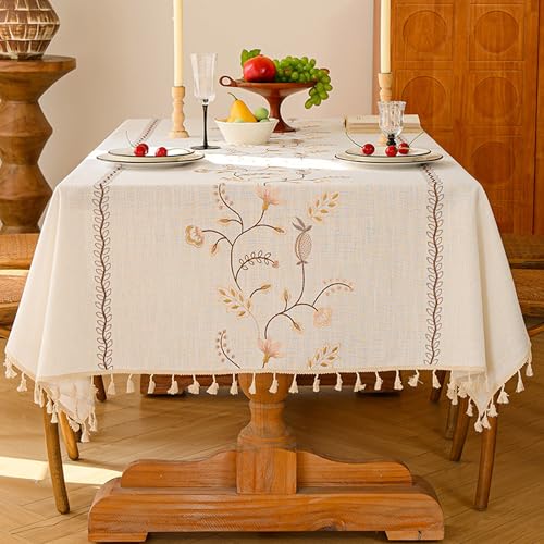 XIEMINLE Rechteckige Blumen-Tischdecke, Baumwollleinen, Vintage-Blumen-Tischdecke mit Quasten-Design, staubdicht, für den Innenbereich, für Esszimmer, Picknick, Party-Dekorationen (220 x 140 cm, Stil XIEMINLE Rechteckige Blumen-Tischdecke, Baumwollleinen, Vintage-Blumen-Tischdecke mit Quasten-Design, staubdicht, für den Innenbereich, für Esszimmer, Picknick, Party-Dekorationen (220 x 140 cm, Stil von XIEMINLE
