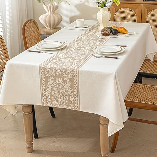 XIEMINLE Rechteckige Stoff-Tischdecke, Anti-Falten-Quasten-Design, maschinenwaschbar, wasserabweisend, Esstischabdeckung für Küche, Party-Dekorationen (140 x 140 cm, Kaffee-1) von XIEMINLE
