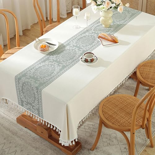 XIEMINLE Rechteckige Stoff-Tischdecke, Anti-Falten-Quasten-Design, maschinenwaschbar, wasserabweisend, Esstischabdeckung für Küche, Party-Dekorationen (160 x 100 cm, Grün-2) von XIEMINLE