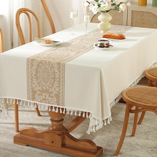 XIEMINLE Rechteckige Stoff-Tischdecke, Anti-Falten-Quasten-Design, maschinenwaschbar, wasserabweisend, Esstischabdeckung für Küche, Party-Dekorationen (260 x 140 cm, Kaffee-2) von XIEMINLE