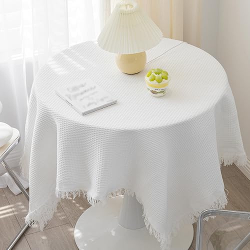 XIEMINLE Runde Tischdecke, runde Tischdecke für Esszimmer, Küche, Hochzeitsbankett, Party-Dekoration, waschbar, schmutzabweisend, einfarbig, Tischdecke mit Quasten-Design (180 x 180 cm, Weiß) von XIEMINLE