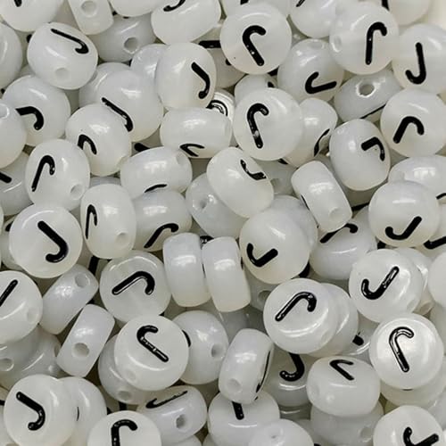 Leuchtbuchstaben-Perlen, 4 x 7 mm, Acryl, leuchtet im Dunkeln, Buchstabe J, für Schmuckherstellung, Armband, 200 Stück von XIENBAOFU