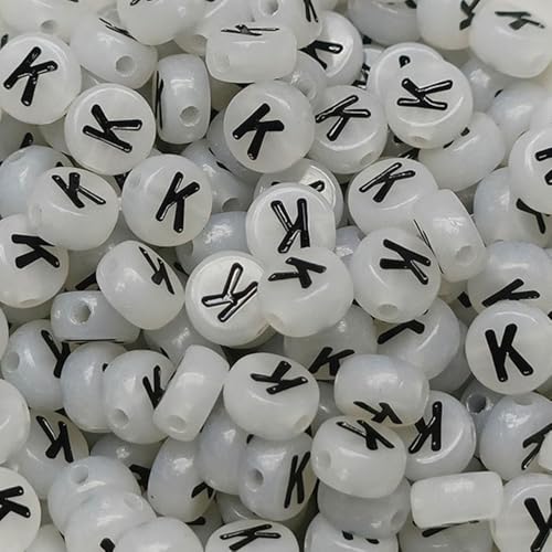 Leuchtbuchstaben-Perlen, 4 x 7 mm, Acryl, leuchtet im Dunkeln, Buchstabe K, für Schmuckherstellung, Armband, 200 Stück von XIENBAOFU
