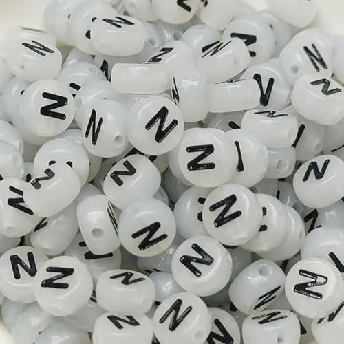 Leuchtbuchstaben-Perlen, 4 x 7 mm, Acryl, leuchtet im Dunkeln, Buchstabe N, für Schmuckherstellung, Armband, 200 Stück von XIENBAOFU