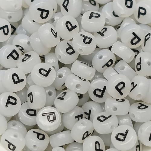 Leuchtbuchstaben-Perlen, 4 x 7 mm, Acryl, leuchtet im Dunkeln, Buchstabe P, für Schmuckherstellung, Armband, 200 Stück von XIENBAOFU