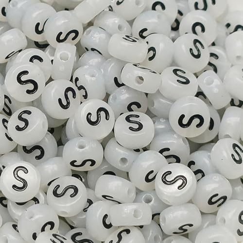 Leuchtbuchstaben-Perlen, 4 x 7 mm, Acryl, leuchtet im Dunkeln, Buchstabe S, für Schmuckherstellung, Armband, 200 Stück von XIENBAOFU