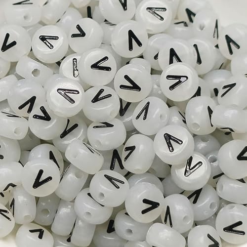 Leuchtbuchstaben-Perlen, 4 x 7 mm, Acryl, leuchtet im Dunkeln, Buchstabe V, für Schmuckherstellung, Armband, 200 Stück von XIENBAOFU