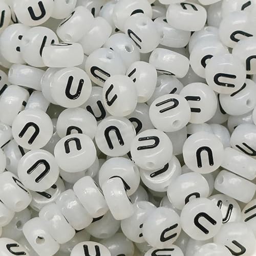 Leuchtbuchstaben-Perlen, 4 x 7 mm, Acryl, leuchtet im Dunkeln, Vokal-Buchstaben U für Schmuckherstellung, Armband, 200 Stück von XIENBAOFU