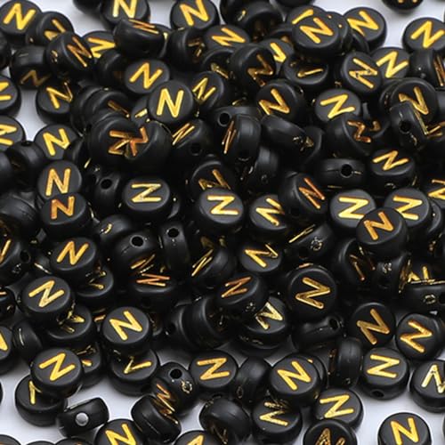 XIENBAOFU Buchstabenperlen, Acryl, Buchstaben-Perlen, 4 x 7 mm, goldfarben, schwarz, Buchstabe N, flach, rund, Alphabet-Perlen für Schmuckherstellung, Armband, Halskette, Schlüsselanhänger, DIY, 100 XIENBAOFU Buchstabenperlen, Acryl, Buchstaben-Perlen, 4 x 7 mm, goldfarben, schwarz, Buchstabe N, flach, rund, Alphabet-Perlen für Schmuckherstellung, Armband, Halskette, Schlüsselanhänger, DIY, 100 von XIENBAOFU