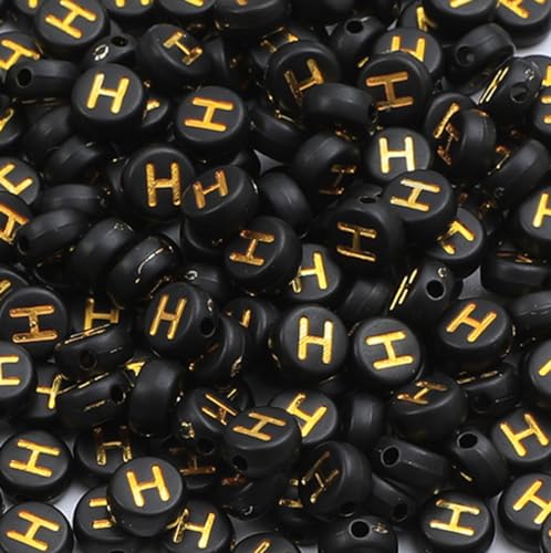 XIENBAOFU SKU3023-H Buchstabenperlen, Acryl, Alphabet H, goldfarben, schwarz, flach, rund, für Schmuckherstellung, Armband, Halskette, Schlüsselanhänger, DIY, 100 Stück von XIENBAOFU