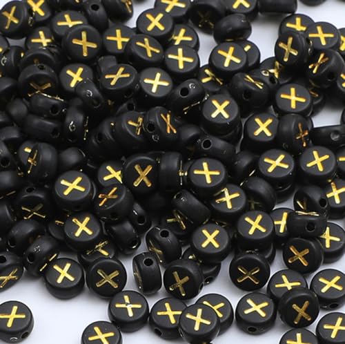 XIENBAOFU SKU3023-X Buchstabenperlen, Acryl, 4 x 7 mm, goldfarben, schwarz, flache runde Alphabet-Perlen für Schmuckherstellung, Armband, Halskette, Schlüsselanhänger, DIY, 100 Stück von XIENBAOFU