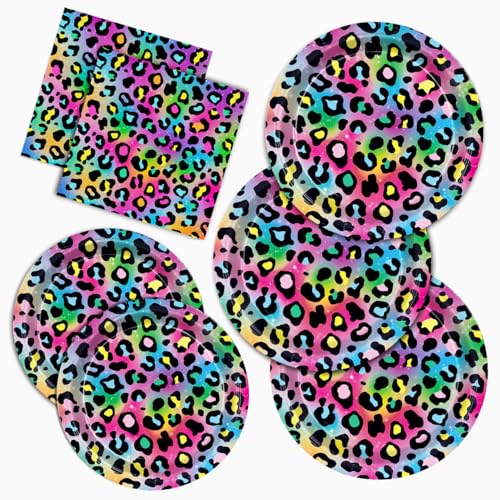 XIENBLOC 150 Stück Neon Regenbogen Leopard Geburtstag Party Supplies Pappteller Servietten Gepard Mädchen Sparkly Splatter Einweggeschirr Set für Mädchen Geburtstag Party Supplies Serves 50 Gäste von XIENBLOC