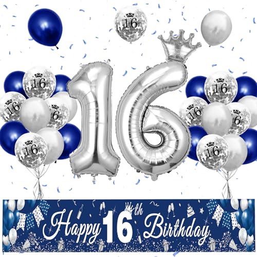 XIEXIESHER 16 Geburtstag Deko, Blau Silber Luftballons 16 Geburtstag Dekoration Set, Partydeko mit Kronenballon und Banner 16 geburtstag Jungen, für Jungen MädchenParty Deko 16.Geburtstag XIEXIESHER 16 Geburtstag Deko, Blau Silber Luftballons 16 Geburtstag Dekoration Set, Partydeko mit Kronenballon und Banner 16 geburtstag Jungen, für Jungen MädchenParty Deko 16.Geburtstag von XIEXIESHER