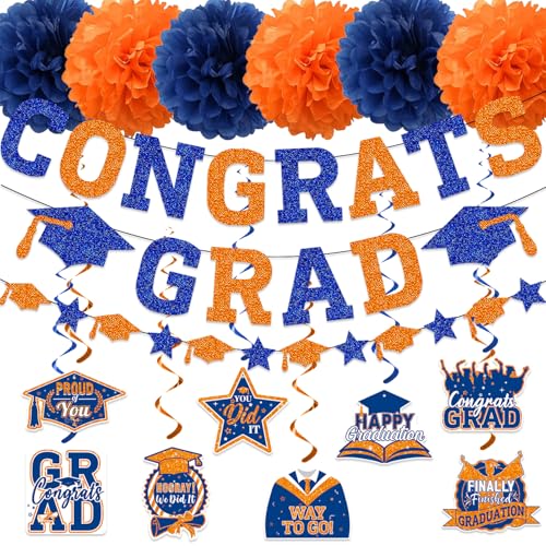 2025 Abschlussdekorationen, Blau und Orange Glitzer Congrats Grad Banner, Grad Girlande, hängende Wirbel, Papier Pom Poms für Klasse 2025 Abschlussfeier Party Dekorationen 2025 Abschlussdekorationen, Blau und Orange Glitzer Congrats Grad Banner, Grad Girlande, hängende Wirbel, Papier Pom Poms für Klasse 2025 Abschlussfeier Party Dekorationen von XIEXIEYOU